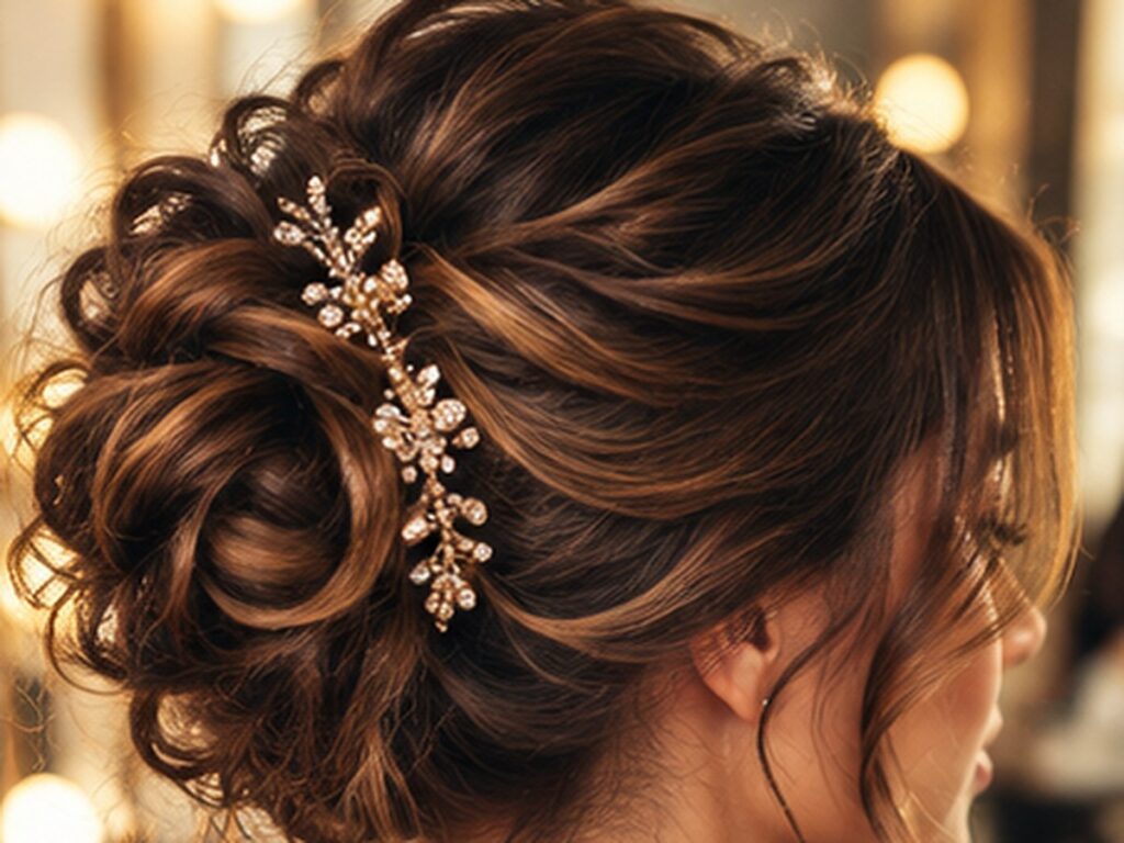 Elegant bridal updo with a jewelled hair pin